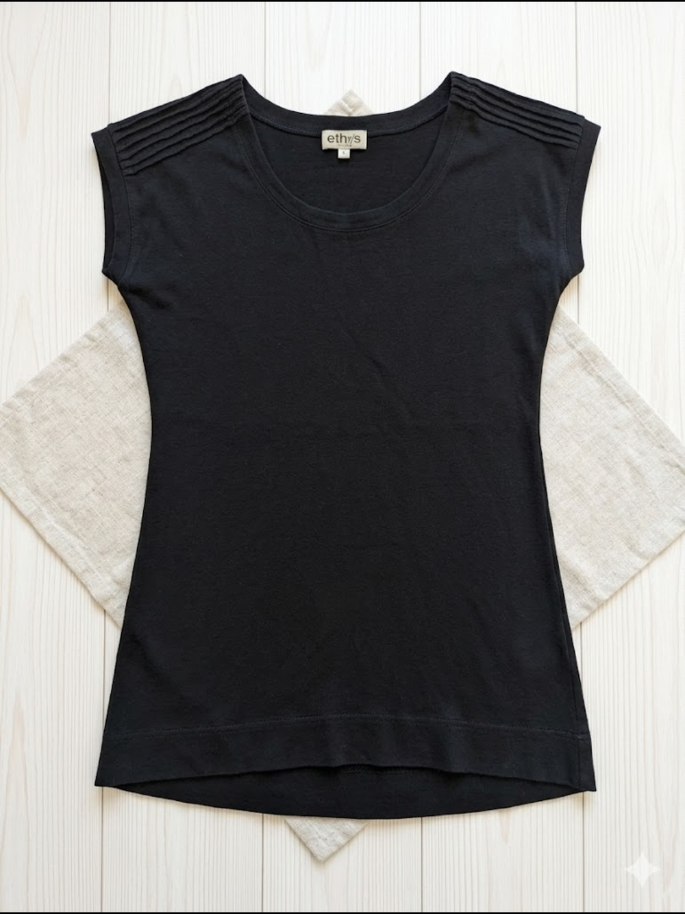 Ethos Paris Black Pleated Shoulder Cap Sleeve Top  Medium